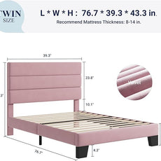 Allewie Twin Size Platform Bed Frame with Velvet Upholstered Headboard and Wooden Slats Support, Fully Upholstered Mattress Foundation/No Box Spring Needed/Easy Assembly, Pink