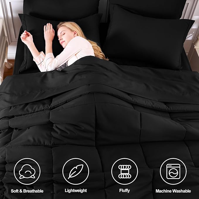 CozyLux Full Size Comforter Sets Black - 7 Pieces Bed in a Bag Full, Oeko-Tex Certified Bed Set, All Season Soft Bedding Set with Down Alternative Comforter, Sheets, Pillowcases & Pillow Shams