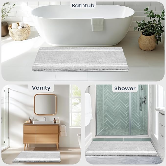 PURRUGS Bathroom Rug Non-Slip Machine Washable 30" x 60", Super Absorbent and Quick Dry Shaggy Microfiber Bath Mat, Extra Soft and Plush Bath Rug for Bathtub, Shower and Sink, Light Grey