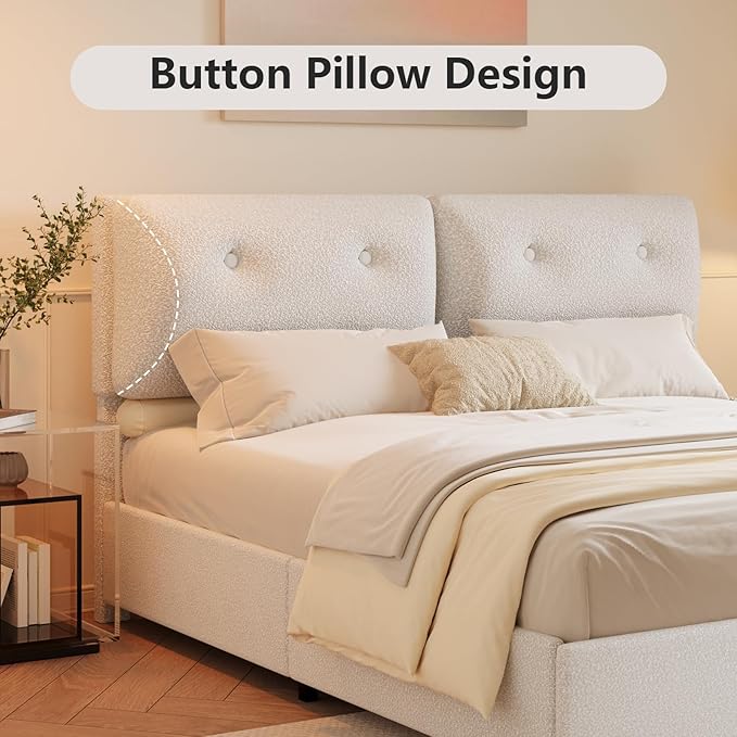 King Bed Frames,Breathable Boucle Fabric Upholstered Bed Frame with Headboard,Removable and Washable,Wood Slat Support,No Box Spring Needed,Easy Assembly,White