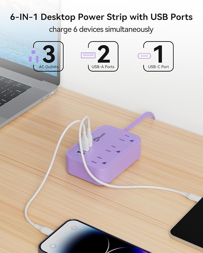 Purple Extension Cord with 3 Outlets & 3 USB(1 USB C), Cute Small Extension Cord 5ft, Travel Power Strip Flat Plug with USB Charging Station, Compact for Cute Purple Kawaii Lavender Desk Accessories
