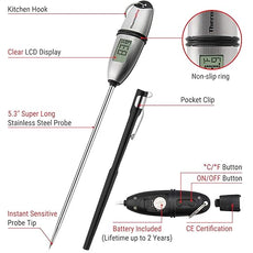 ThermoPro TP02S Digital Food Thermometer for Cooking Bread Baking Sourdough Liquids, Meat Thermometer Digital with Super Long Probe for Grill Kitchen BBQ Oil Milk Yogurt Candy Making Accessory