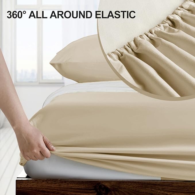 FreshCulture King Fitted Sheet Only - Hotel Quality Ultra Soft & Breathable Brushed Microfiber Fitted Sheet with 21 Inch Deep Pockets - Fits King Size Bed (Beige)