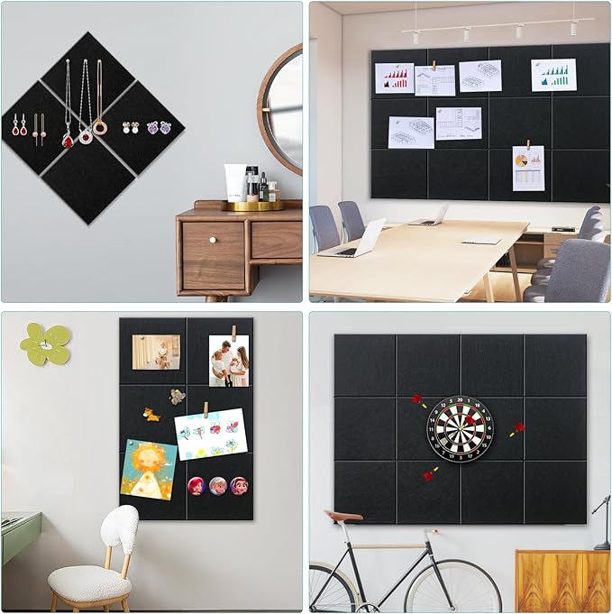 Cork Bulletin Board 48" x 36" - Large Dart Board Wall Protector - 12 Pack Felt Tiles, 60 Removable Safe Adhesive Tabs & 40 Pushpins - for Office, School, Home Decor - Black