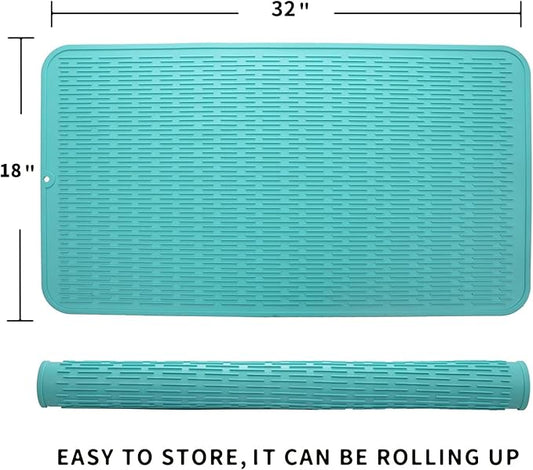 Silicone Dish Drying Mat for Multiple Usage,Easy clean,Eco-friendly,Heat-resistant Silicone Mat for Kitchen Counter or Sink,Refrigerator or Drawer Liner Mint 4XL 32 inches x 18 inches