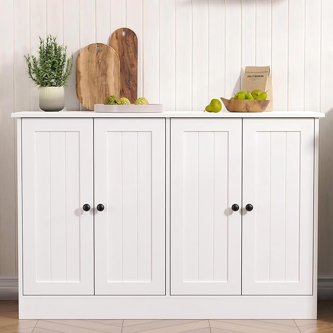Sideboard Buffet Cabinet with 4 Doors, 47" W Kitchen Storage Cabinet with Storage, Modern Farmhouse Coffee Bar Station Wood Kitchen Table for Living Room Dining Room, White