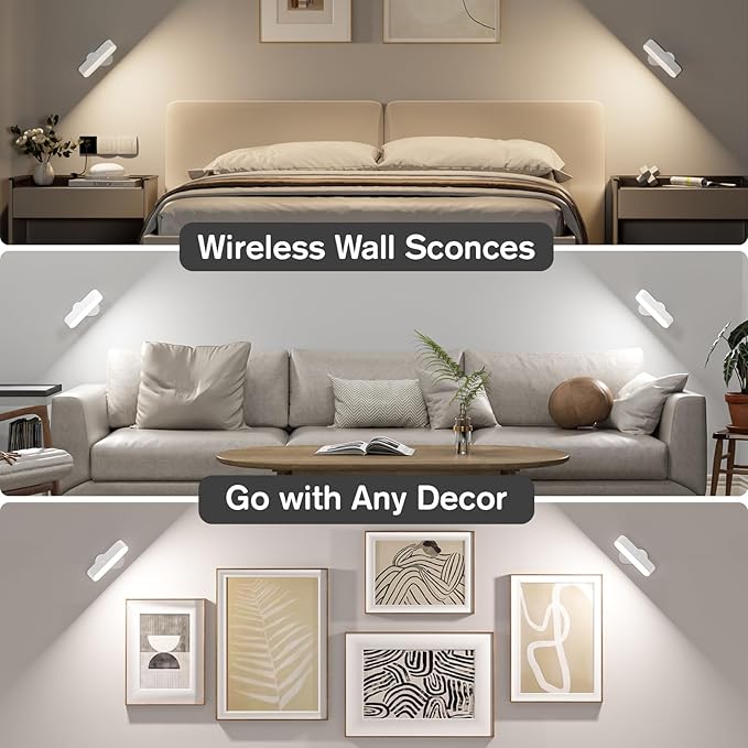 Battery Operated Wall Sconces, Wireless LED Wall Sconce Set of Two, Rechargeable Wall Lights for Living Room, 5 Colors Dimmable Wall Lamps for Bedroom, White 2 Pack