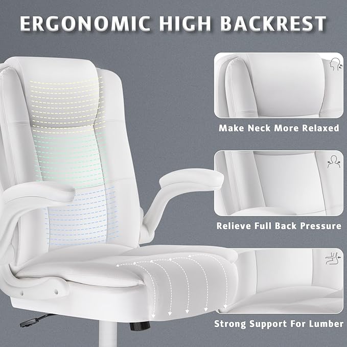 LEMBERI Flip-up Arms Office Desk Chair, Big and Tall Managerial Executive Chair, High Back Computer Chair, Ergonomic Adjustable Height PU Leather Chairs with Cushions Armrest for Long Time Sitting