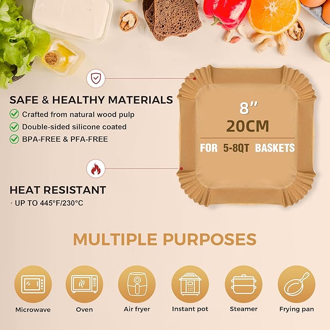 360 PCS Air Fryer Paper Liners, 8 Inch Square Air Fryer Liners Disposable, Non-Stick and Oil Proof Heavy Duty Parchment Paper for 5-8 QT Airfryer Basket, Roasting and Microwave