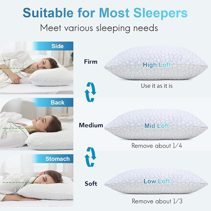 QUTOOL Shredded Memory Foam Pillows for Sleeping King Size Pillow, Cooling Gel Pillows for Hot Sleepers Cool Pillow for Side and Back Sleeper, Soft Yet Support Adjustable Bed Pillow, Home Gifts