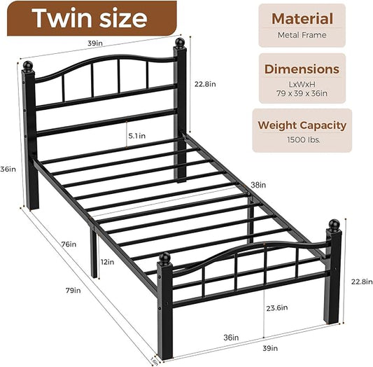 Metal Twin Bed Frames, Noise-Free Design & Underbed Storage Heavy Duty Bed Frames with Headboard No Box Spring Needed/Tool-Free Assembly
