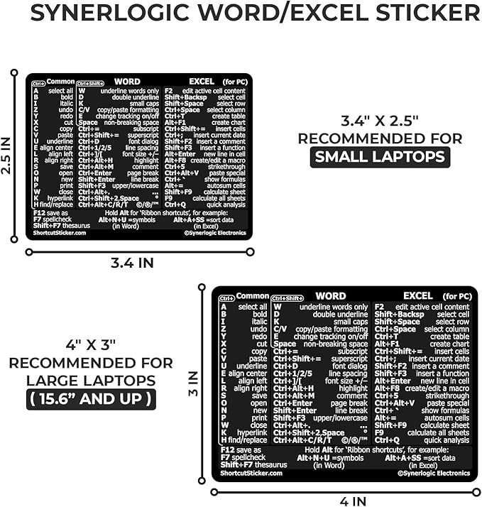 Synerlogic (5pcs) Word/Excel Windows Shortcut Sticker | Reference Guide Keyboard Shortcuts | Work from Home Essentials | Excel Shortcuts Cheat Sheet Laminated Vinyl (Black/Small/5)