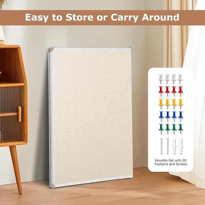 DOLLAR BOSS Foldable Linen Board, 48 x 36 Inch Corkboard, Large Bulletin Board, Portable Double Sided Aluminum Frame Wall Mounted Pin Board for Office School Dorm Supplies with 20 Push Pins, White