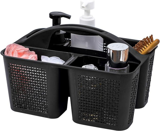 UUJOLY Plastic Portable Shower Caddy Basket Bucket, Cleaning Shower Basket with Handle Compartments Storage Basket Organizer for Bathroom Kitchen College Dorm Sink, Black