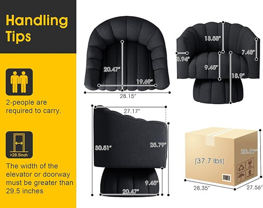 Mid Century 360 Degree Swivel Cuddle Barrel Accent Sofa Chairs, Round Armchairs with Wide Upholstered, Fluffy Velvet Fabric Chair for Living Room, Bedroom, Office, Waiting Rooms, (Black)