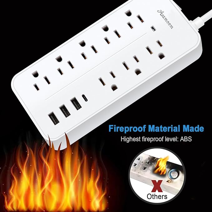 25FT Surge Protector Power Strip Extension Cord with USB C, Asamoom Flat Plug Power Strip with Long Cord, 8 Outlets and 4 USB Port,1700J Surge Protector for Home Office White, ETL Listed