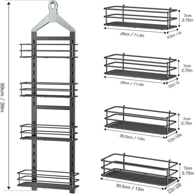 Orimade 4 Tier Adjustable Anti-slip Shower Caddy over Shower Head,Rustproof Bathroom Hanging shower Organizer with 4 Hooks for Razor,No Drilling Shower shelves Storage Rack,Grey