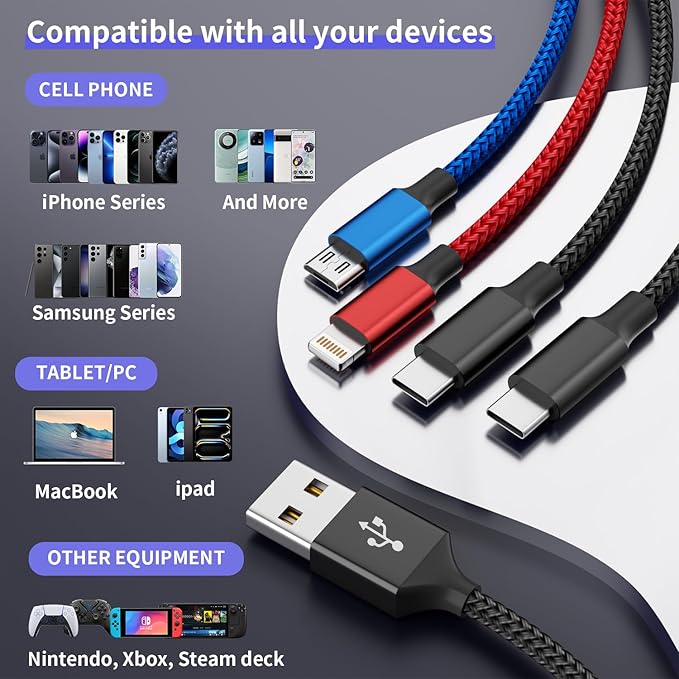 Dual Type-C 4 in 1 Multi Charging Cable for Multiple Devices with 2 USB-C/Lightning/Micro Port, USB Cable iPhone Charger Cord, Travel Charger for iPhone17-8, Android iPad, Stocking Stuffers - 2Pcs 5FT