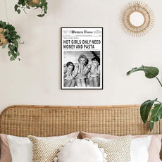 Vintage Women Times Newspaper Canvas Wall Art Black and White Aesthetic Poster Funky Hot Girl Eating Pasta Fashion Prints for Italian Kitchen Bar Cart Girly Dorm Room Art Posters 24x36inch black framed
