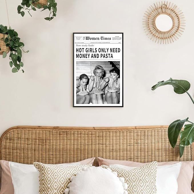 Vintage Women Times Newspaper Canvas Wall Art Black and White Aesthetic Poster Funky Hot Girl Eating Pasta Fashion Prints for Italian Kitchen Bar Cart Girly Dorm Room Art Posters 24x36inch black framed