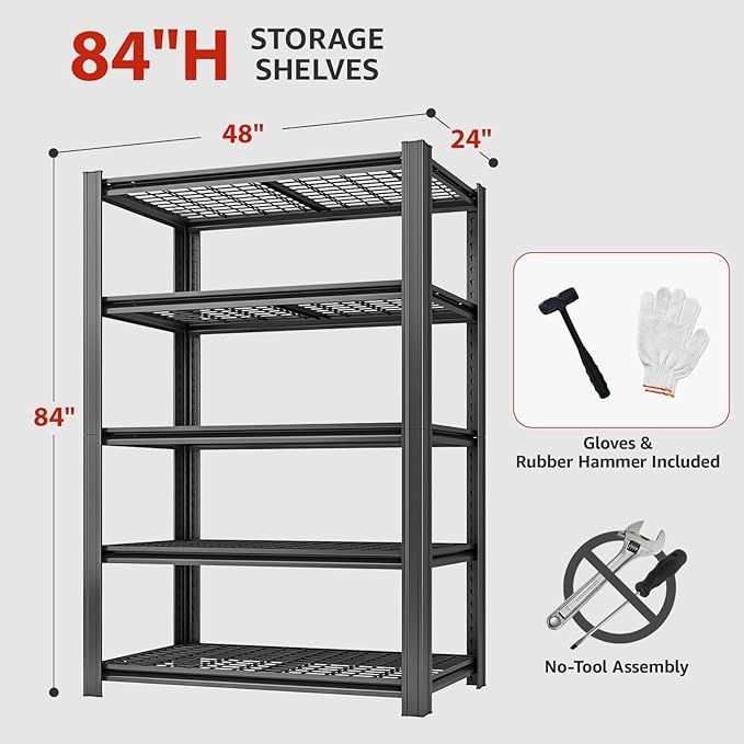48" W Father&I Industrial Heavy-Dudy Garage Shelving Units/Systems: Metal 5-Tier Storage Shelves Adjustable for Basement/Closet/Tote/Kitchen/Pantry Organization, 84" H*48W *24" D, Black