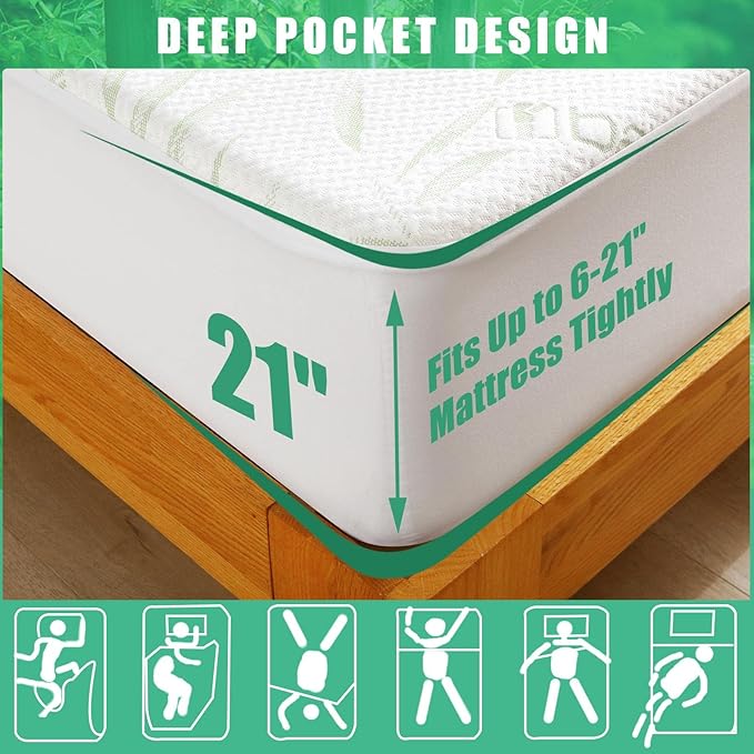 Waterproof Mattress Protector Queen Size, Viscose Cooling Breathable Mattress Cover, Fitted Deep Pocket Mattress Pad Cover Stretches up to 22 Inches, Noiseless Soft Bed Cover