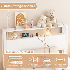 Twin Bed Frames with Charging Station, 2 Tiers Storage Headboard Twin Sized Bed No Box Spring Needed Heavy Duty Metal Platform, White