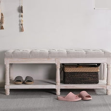 chairus Shoe Rack Bench Storage Vintage Bedroom Padded Bench Seat End of Bed, Fabric Tufted Farmhouse French Entryway Bench with Wood Legs for Hallway Foyer, Beige