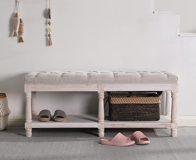 chairus Shoe Rack Bench Storage Vintage Bedroom Padded Bench Seat End of Bed, Fabric Tufted Farmhouse French Entryway Bench with Wood Legs for Hallway Foyer, Beige