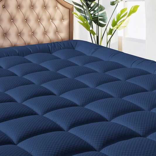 MATBEBY Full Size Mattress Pad - Cooling Breathable Mattress Topper, Quilted Fitted Mattress Protector, Pillow Top Mattress Cover with 8-21" Deep Pocket, Machine Washable, Navy Blue, 54x75 Inches