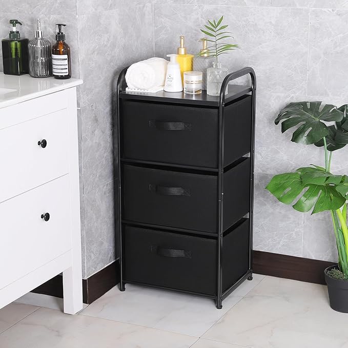 MAX Houser Dresser Storage with 3 Easy Pull Fabric Drawers, Fabric Dresser Tower,Vertical Storage Unit for Bedroom,Chest of Drawers with Metal Frame, Wooden Tabletop, for Living Room, Closet (Black)