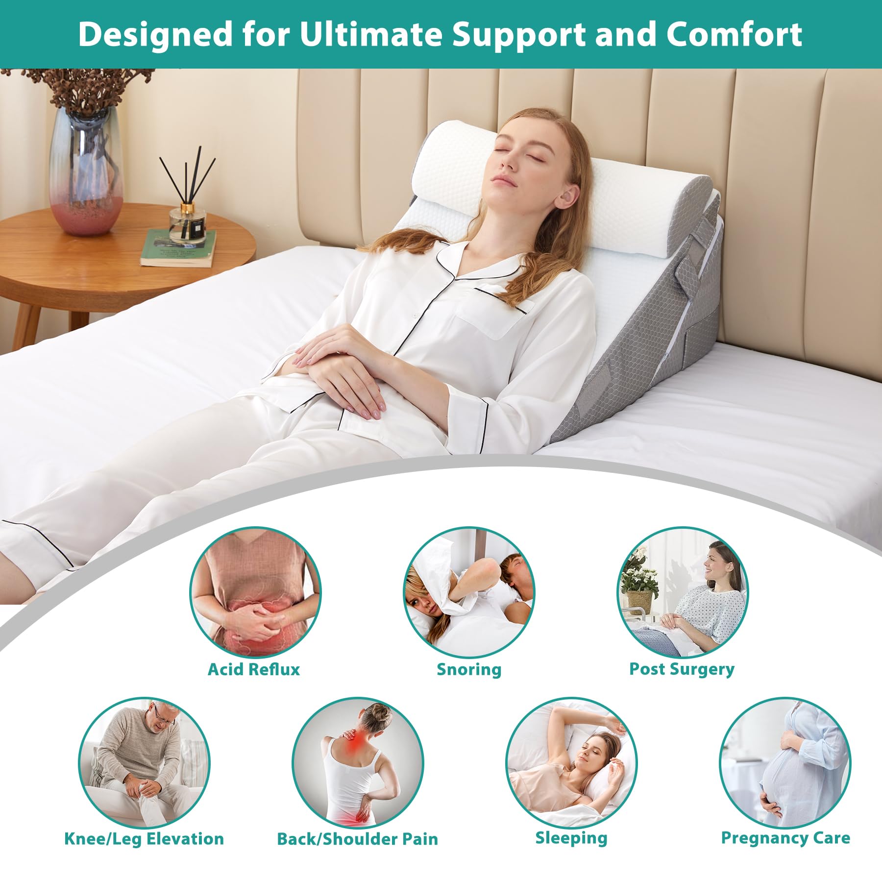 Bedluxe Wedge Pillow Headboard, 3PCS Orthopedic Bed Wedge Pillows Set for After Surgery, Adjustable Pillow Wedge for Acid Reflux&Back Pain Relief, Sleeping, Back Pillow for Bed Sitting Up, White/Grey Dormly