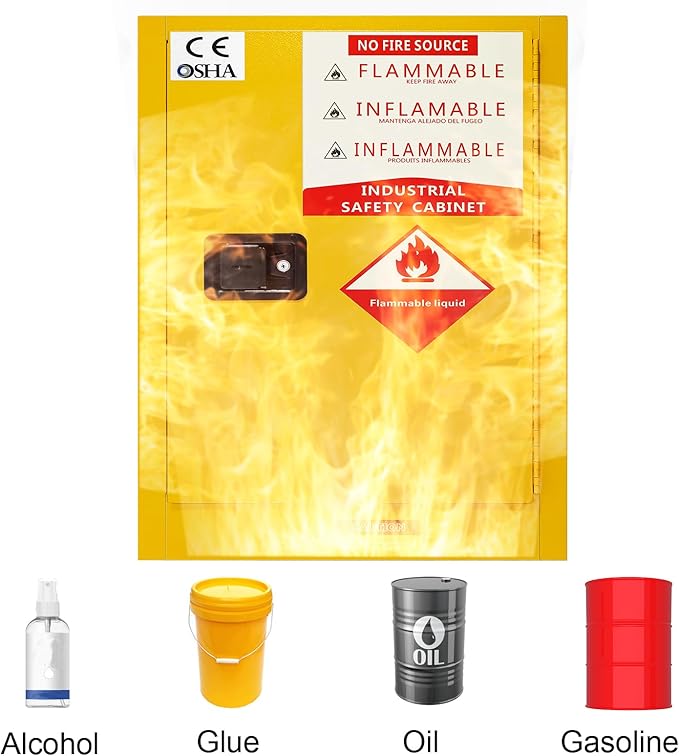 40 Gallon Flammable Safety Storage Cabinet, 21" D x 25" W x 35" H Yellow Galvanized Steel Cabinet with Adjustable Shelf for Commercial, Industrial, and Home Garage