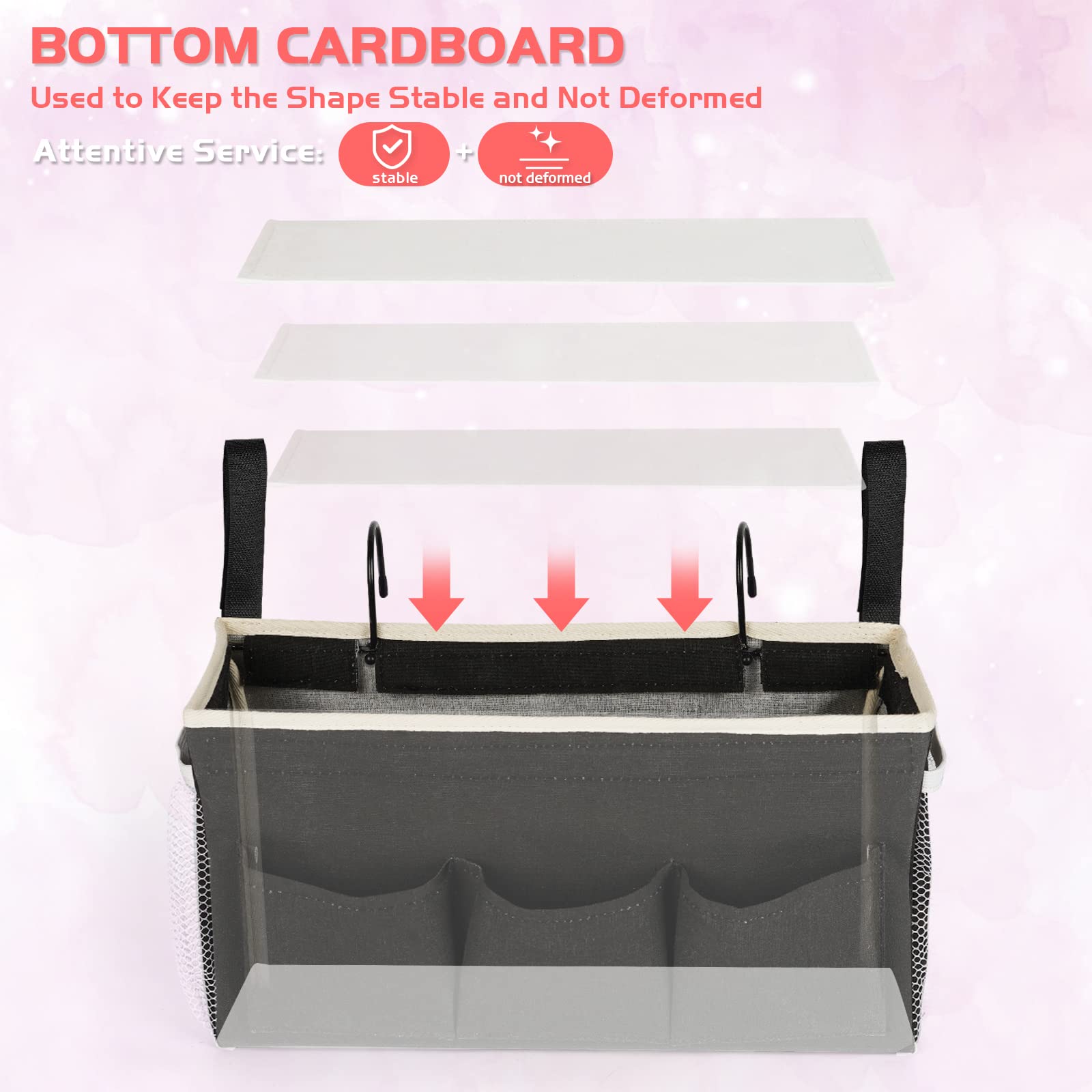 Loghot Bedside Caddy/Bedside Storage Bag Hanging Organizer for Bunk and Hospital Beds,Dorm Rooms Bed Rails,Can be Placed Glasses,Books,Mobile Phones,Keys (Light Pink) Dormly