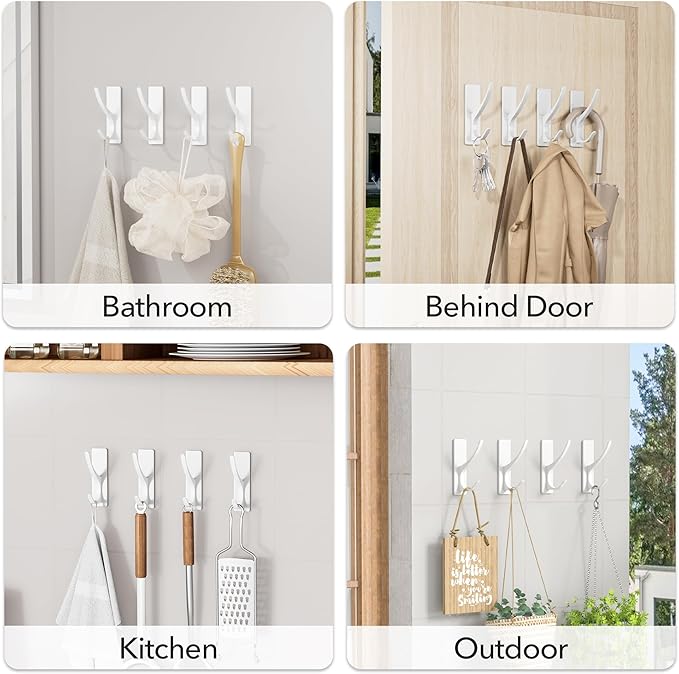 pickpiff White Self Adhesive Coat Hooks for Hanging, Heavy Duty Stainless Double Wall Hook for Towel, Backpack, Hat, Sturdy Metal Hanger for Bathroom, Bedroom, Door, Wall Mounted, 4-Pack
