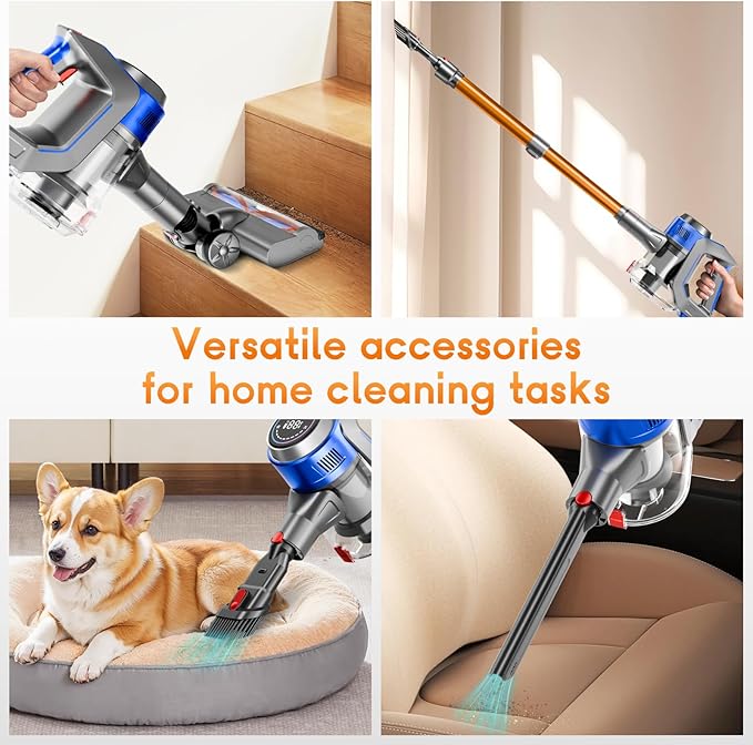Cordless Stick Vacuum Cleaner - Rechargeable, 35Kpa Powerful Vacuums with Detachable Battery, LED Display, 45Mins Runtime, 8 in 1 Handheld Vacuum for Hardfloor & Carpets Pet Hair, Blue