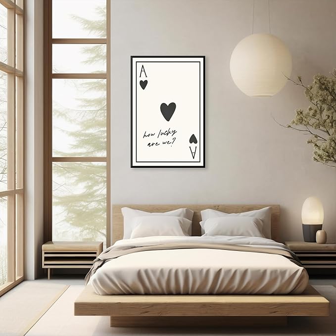 Vintage How Lucky Are We Wall Art Trendy Poker Posters Minimalist Ace of Hearts Decor Funny Inspirational Quotes Canvas Prints Lucky You Pictures for Dorm Home Aesthetic 24x36in Metal Black Frame