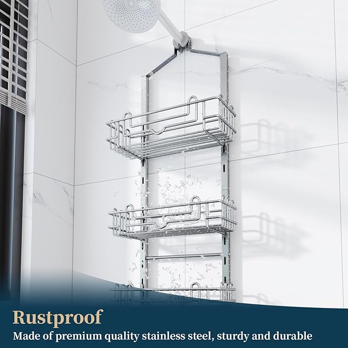 Consumest Shower Caddy Hanging – Rustproof Over Shower Head Hanger with Soap Holder and Hooks, Anti-Slip Shower Shelves for Storage, Bathroom Organizer for Apartment, Dorm, Silver