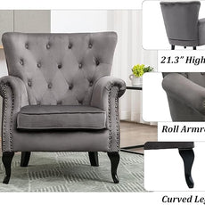 Set of 2 Mid-Century Modern Accent Chair, Velvet Armchair w/Tufted Back/Wood Legs, Upholstered Lounge Arm Chair Single Sofa for Living Room Bedroom, Grey