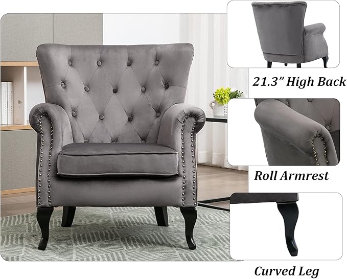 Set of 2 Mid-Century Modern Accent Chair, Velvet Armchair w/Tufted Back/Wood Legs, Upholstered Lounge Arm Chair Single Sofa for Living Room Bedroom, Grey