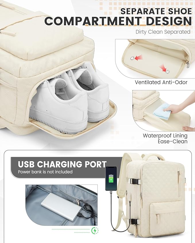 suwasp Vacuum Backpack Travel with Pump, Travel Backpack for Women Men, Vacuum Compression Bags with Laptop Compartment/Shoe Compartment, Personal Item Carry On Backpacks Flight Approved, Beige