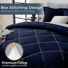 HEVUMYI Queen Comforter Set - 7-Piece All Season Bed in a Bag Queen, Ultra Soft Bedding Set with Comforter, Flat Sheet, Fitted Sheet, Pillowcases, Pillow Shams, Navy Blue & Light Grey