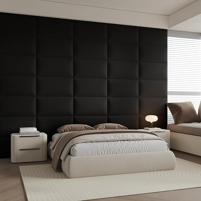 Premium Black Linen-Upholstered Headboard 24x12 Inch 12-Panel Set with High-Density Foam - Wall-Mounted or Freestanding Design for Queen/King Size Beds, Modern Bedroom Decor