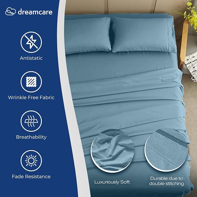 DREAMCARE Full Size Sheets Set - 4 Pcs Cooling Bed Sheets with Up to 15" Deep Pockets - Soft, Long-Lasting 100% Brushed Polyester with Side Pocket (Mineral Blue) DREAMCARE