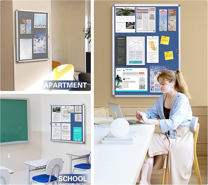 SWANCROWN Enclosed Bulletin Board Lockable Noticeboard Case with Aluminium Frame,Grey Felt, 20x14inch (2xA4)