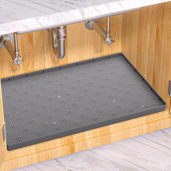 Sdpeia Under Sink Mat 28"×19" Waterproof Silicone Cabinet Liner & Sink Protector for Kitchen & Bathroom, Multi-Purpose Organizers Tray for Pets, Laundry, Cat Litter Mat,Gray