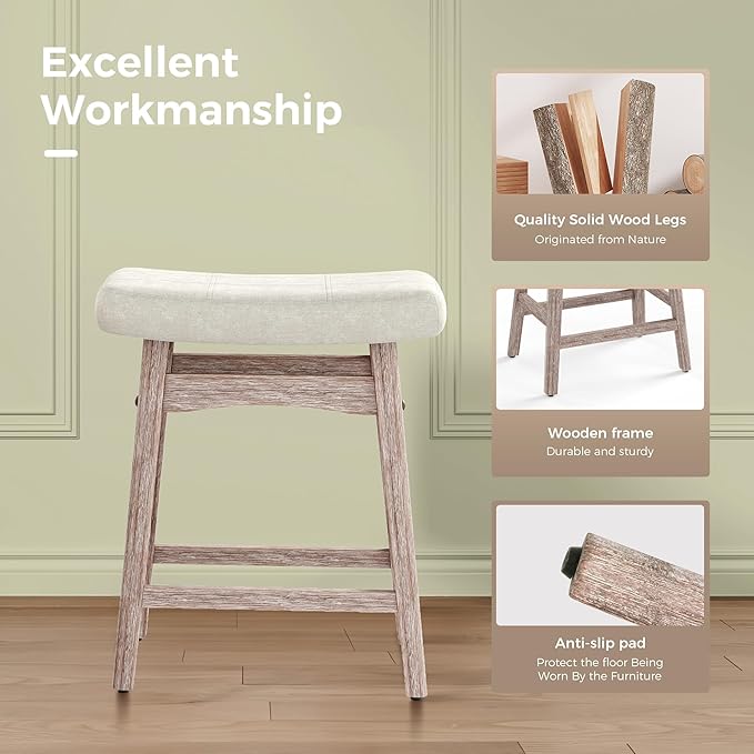 MAISON ARTS Counter Height Bar Stools Set of 2 for Kitchen Counter Solid Wood Legs with Fabric Saddle Seat Farmhouse Barstools for 34"-38" Counter Island Upholstered Stools, 24in, Creamy White