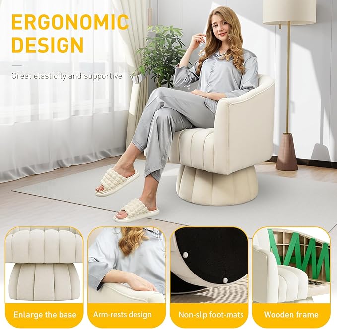 Accent Chair Mid Century 360 Degree Swivel Chair,Modern Lounge Sofa Round Barrel Chair with Wide Upholstered,Fluffy Velvet Fabric Chairs for Home Sofa Living Room/Bedroom/Waiting Room (Beige)