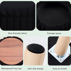 Wimarsbon Storage Ottoman,Soft Faux Fur Footstool with Padded Seat, Small Reading Vanity Chair, Footrest with Wood Tray for Couch, Mini Coffee Table or Display Stand (Black, Round Storage)