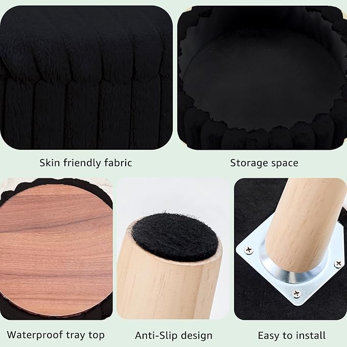 Wimarsbon Storage Ottoman,Soft Faux Fur Footstool with Padded Seat, Small Reading Vanity Chair, Footrest with Wood Tray for Couch, Mini Coffee Table or Display Stand (Black, Round Storage)